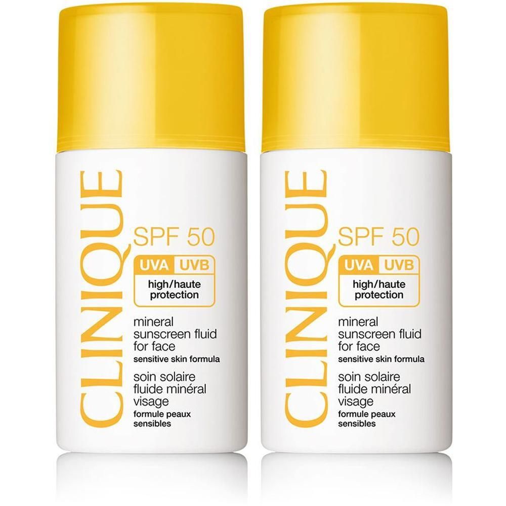Zwei Flaschen CLINIQUE Mineral Sunscreen Fluid für das Gesicht SPF 50, weiß mit gelben Kappen und Aufdruck.