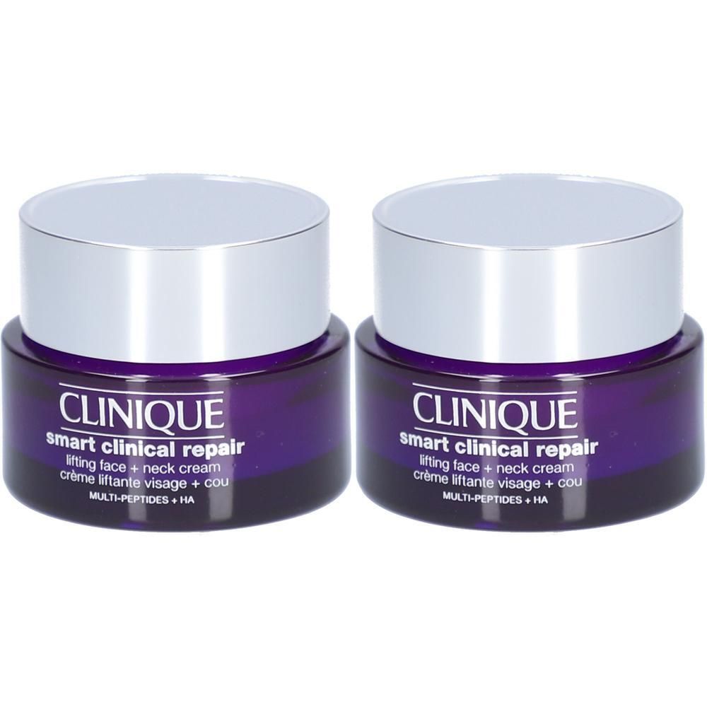 Deux pots de crème liftante visage et cou Clinique Smart Clinical Repair avec couvercles argentés.