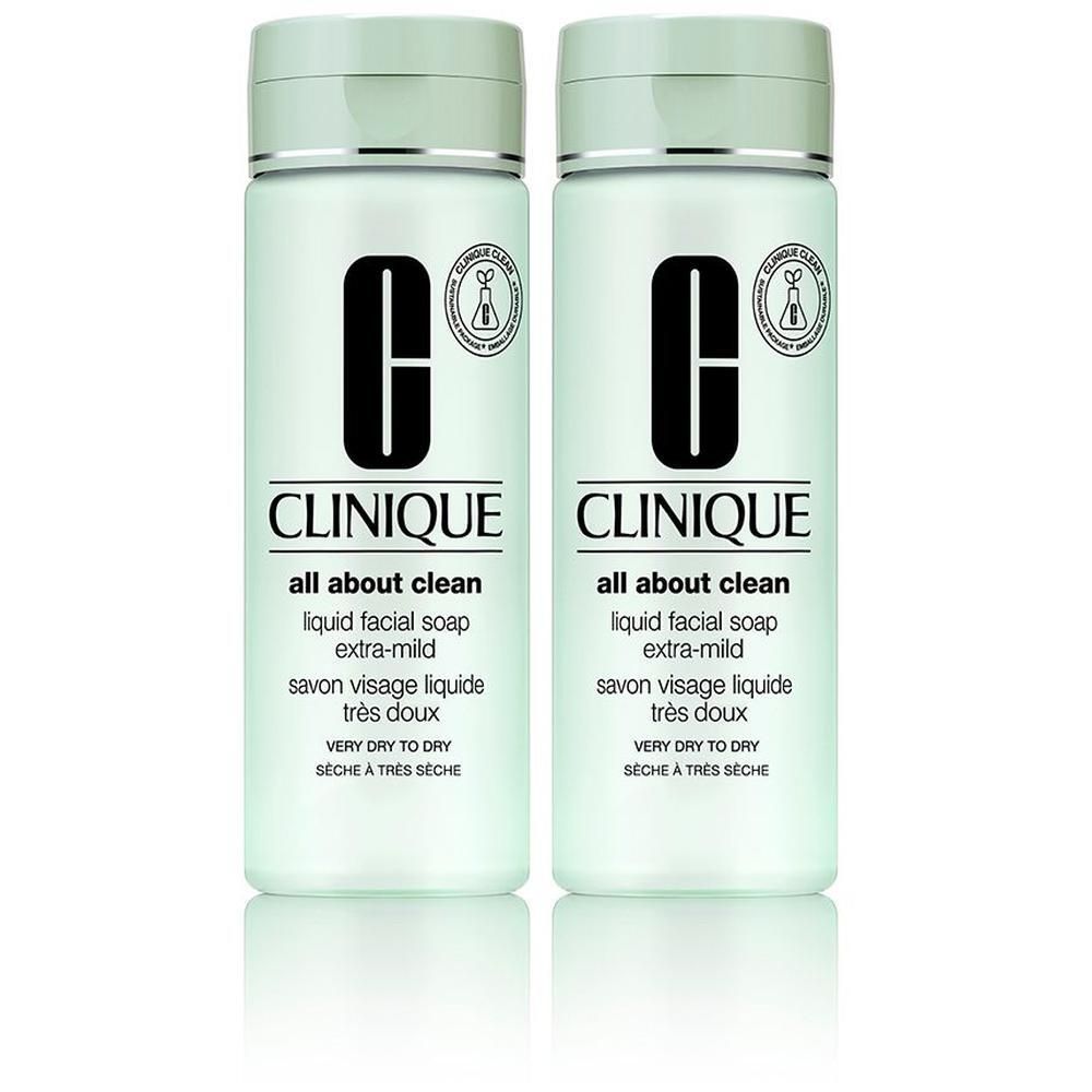 Zwei Clinique All About Clean Flüssigseifen, extra mild, für sehr trockene bis trockene Haut.