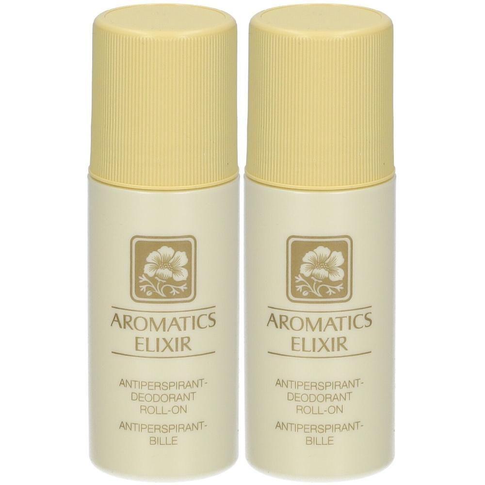 Zwei CLINIQUE Aromatics Elixir Antitranspirant Roll-ons mit gelben Kappen und floralem Emblem.