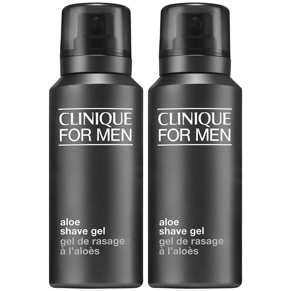 Zwei schwarze Spender mit CLINIQUE FOR MEN Aloe Shave Gel.