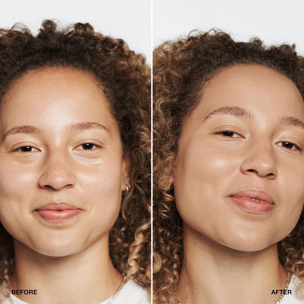 Vorher-Nachher-Vergleich einer Frau, die CLINIQUE Even Better Makeup SPF 15 trägt.