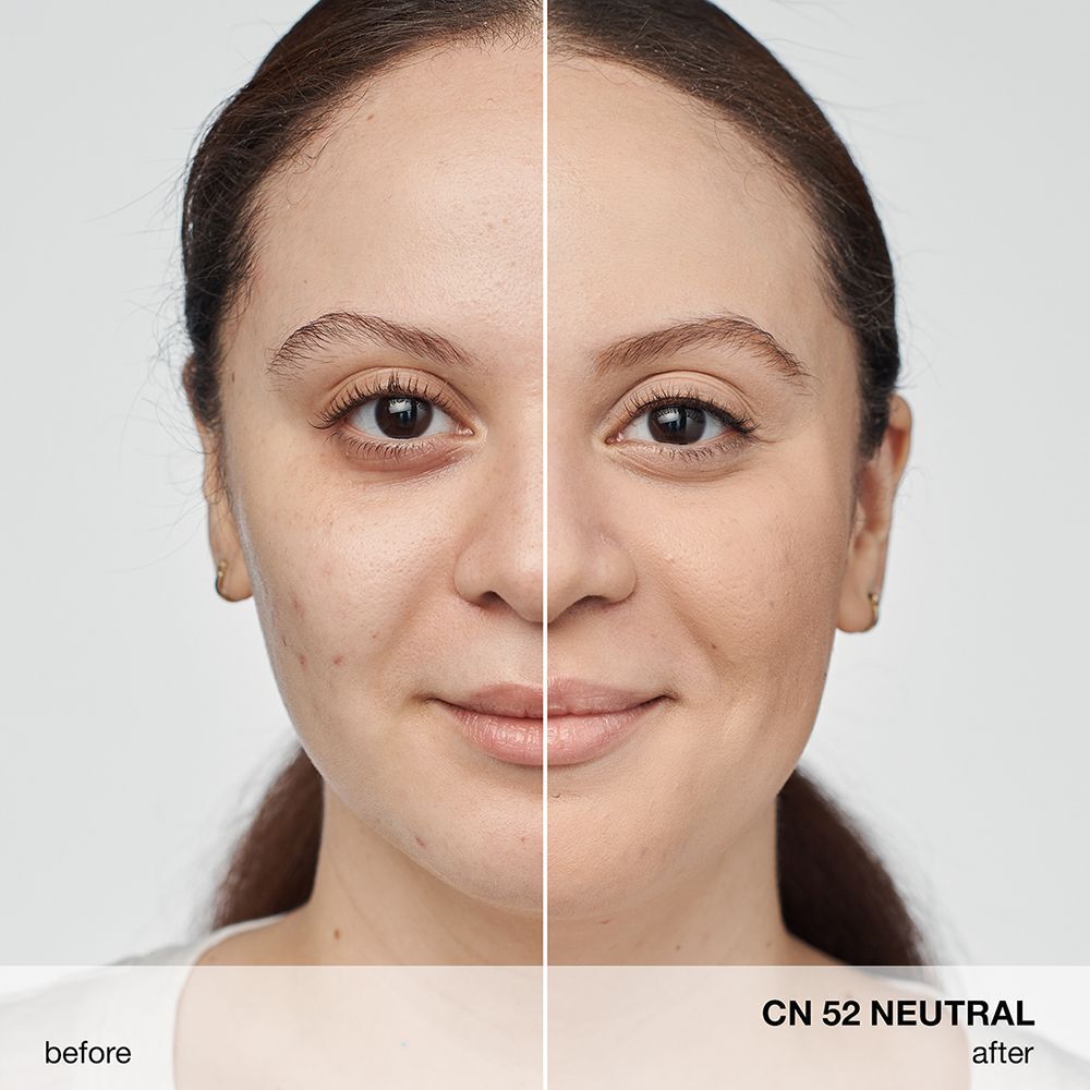 Comparaison avant/après du maquillage liquide CLINIQUE Anti-Blemish Solutions CN 52 Neutre.