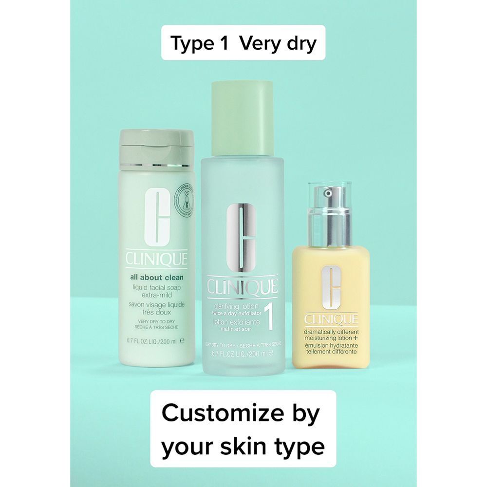 Clinique Clarifying Lotion 1 et autres produits pour peau très sèche.