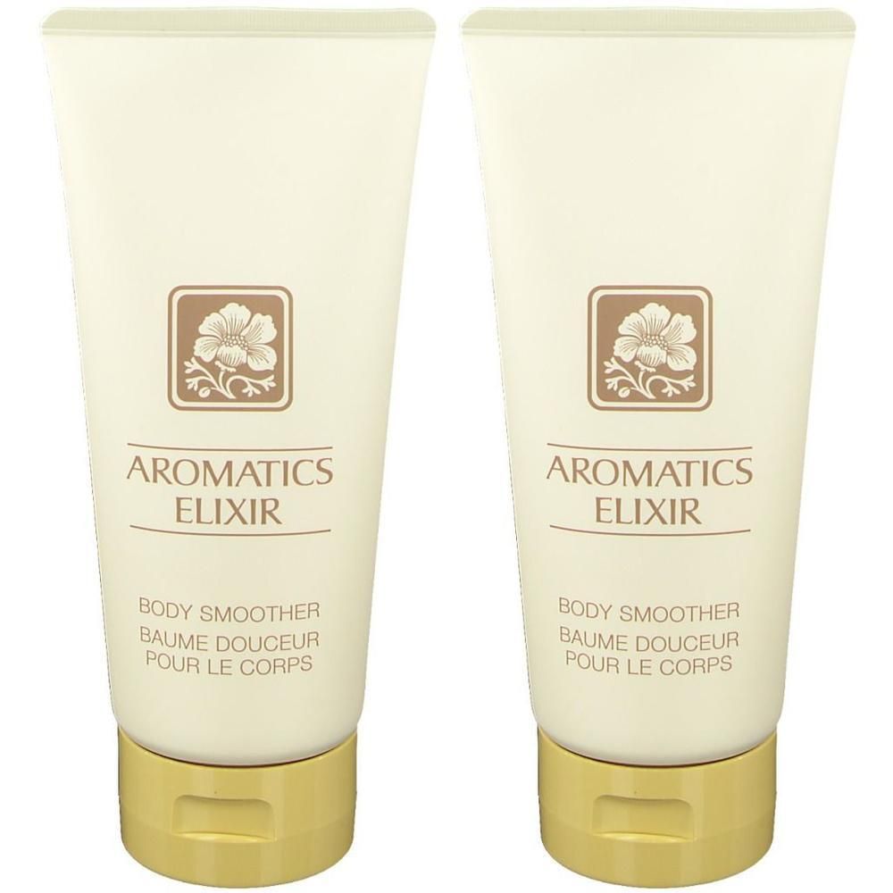 Deux tubes de crème avec inscription "Aromatics Elixir Body Smoother" et emblème floral.