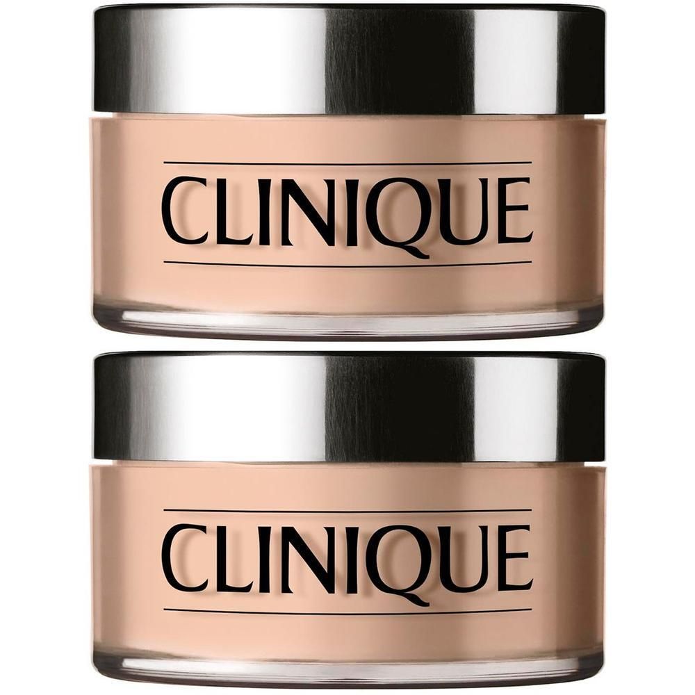 Zwei CLINIQUE Blended Powder Transparency Behälter mit silbernen Deckeln.
