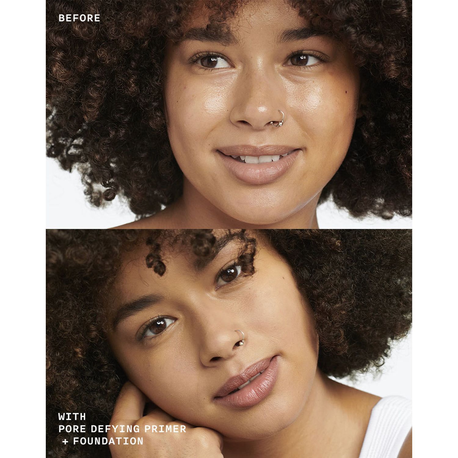 Comparaison avant-après d'un visage avec le primer et fond de teint CLINIQUE Even Better.
