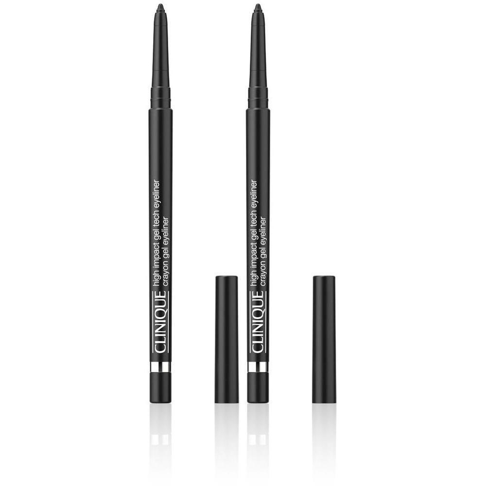 Deux eye-liners CLINIQUE High Impact Gel Tech noirs avec capuchons retirés.