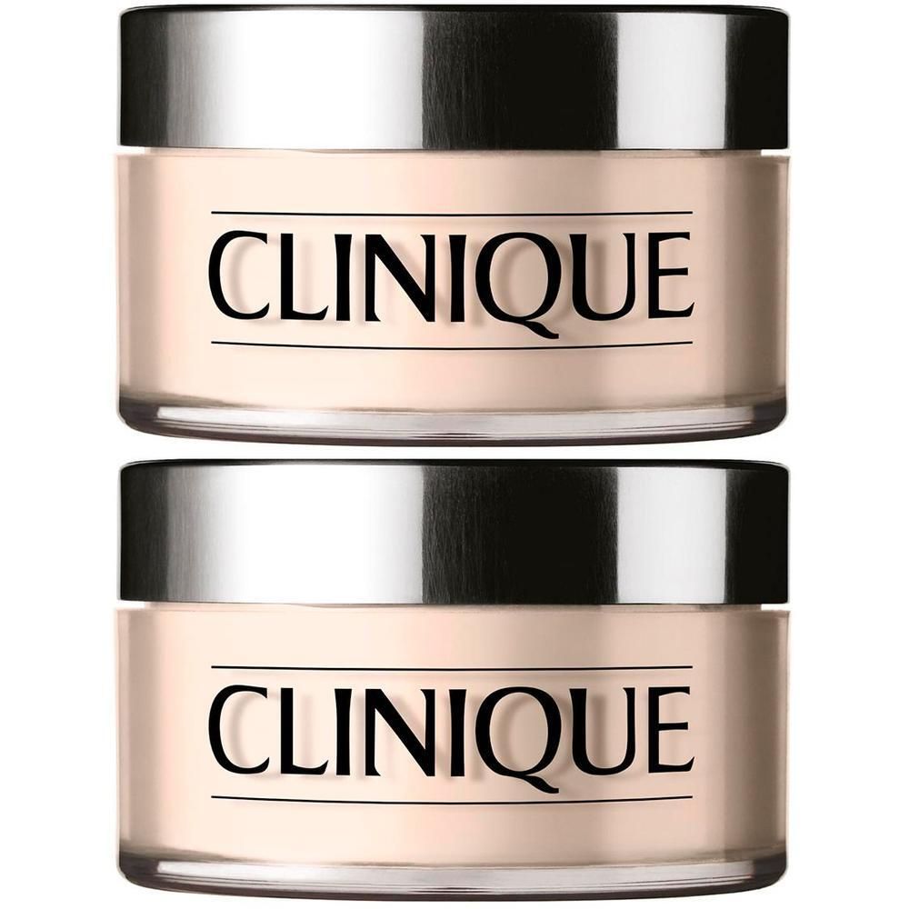 Deux pots de poudre Clinique avec couvercles argentés.