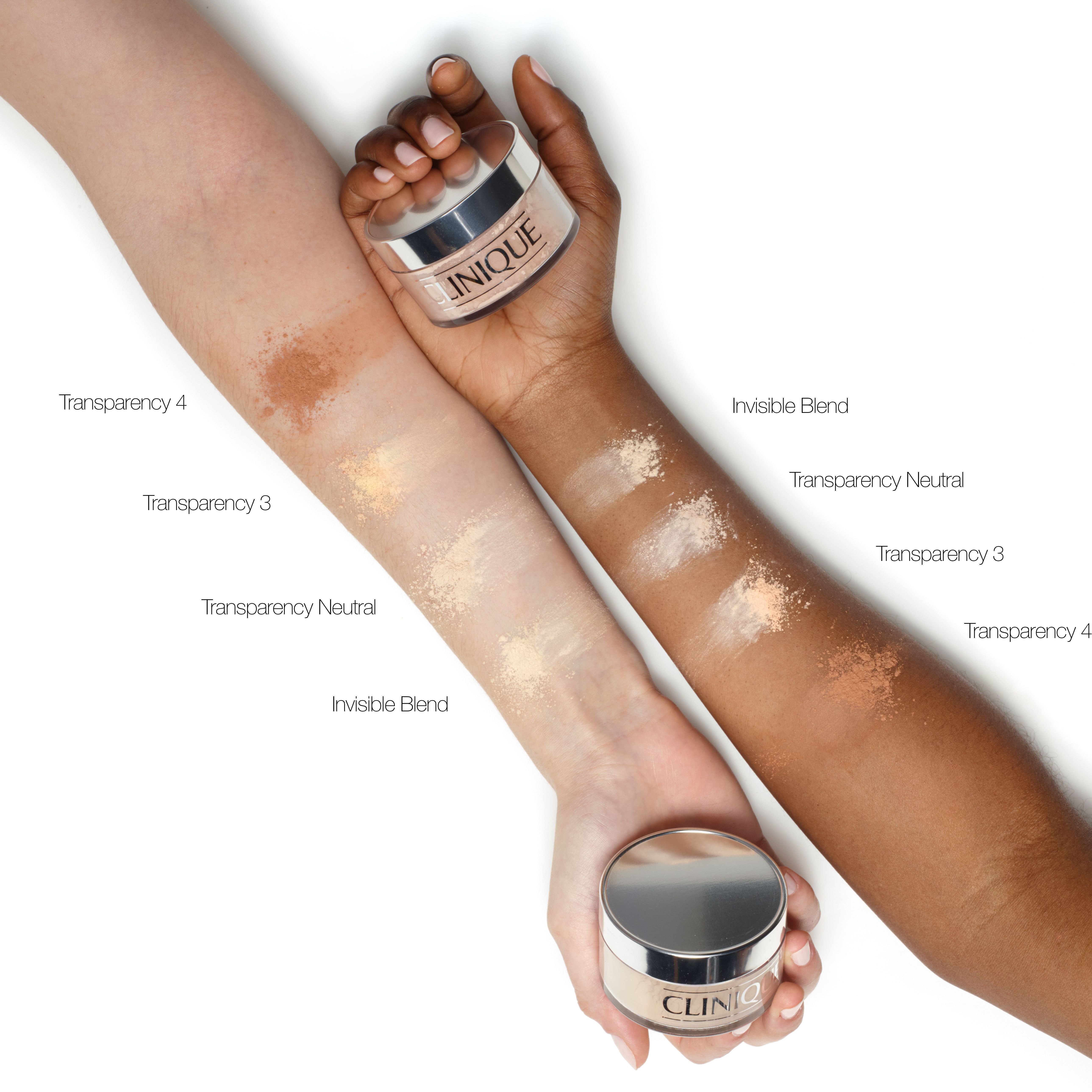 Échantillons de peau avec poudre Clinique Transparence Neutre sur deux tons de peau.