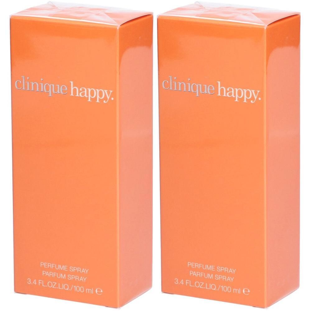 Deux flacons de parfum Clinique Happy dans leur emballage orange.