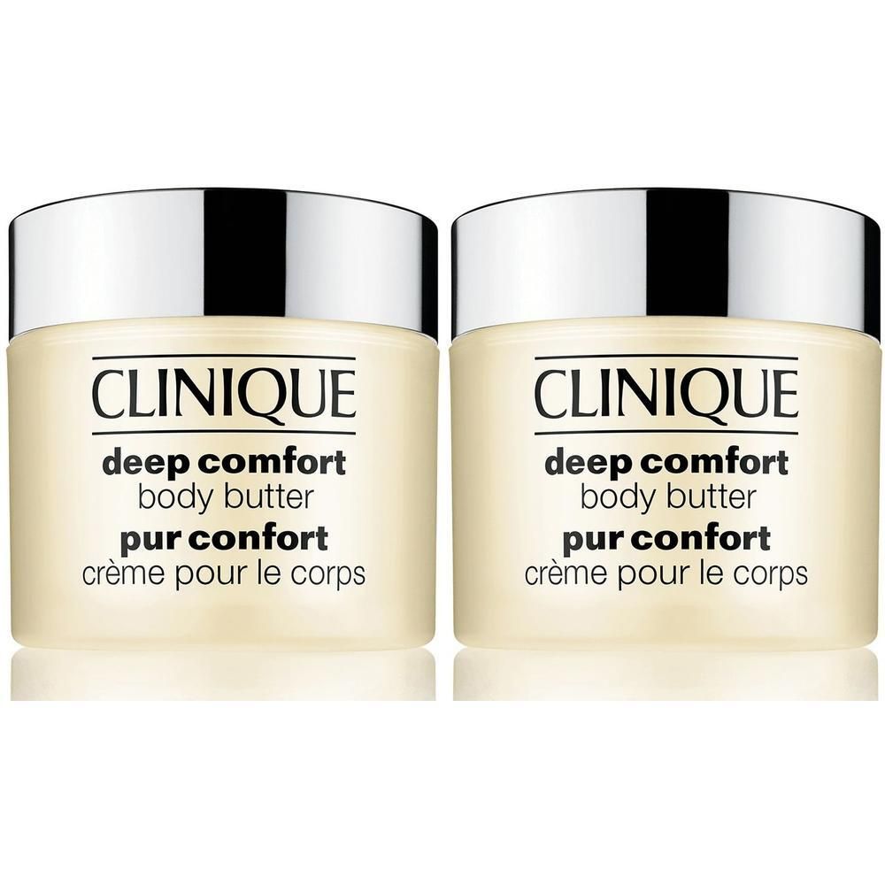 Deux pots de Clinique Deep Comfort Body Butter avec couvercles argentés.