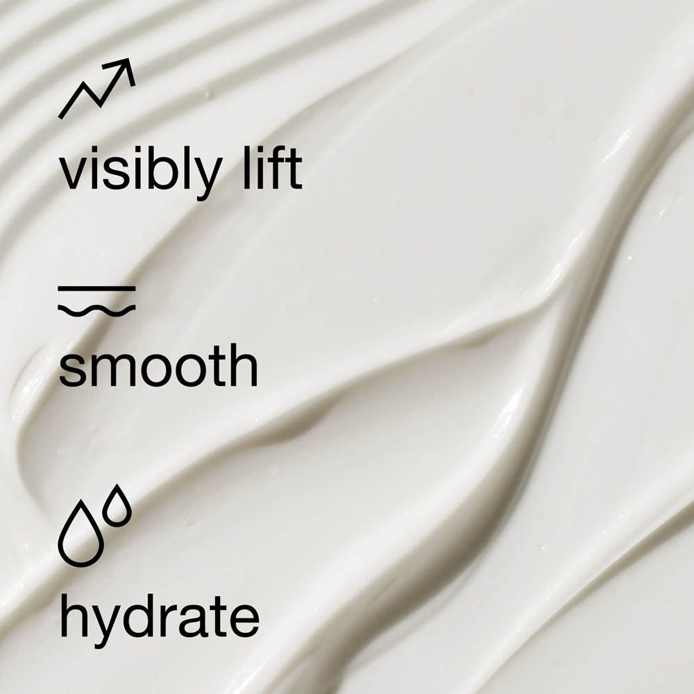 Textur der Clinique Smart Clinical Repair Lifting Gesichts- und Halscreme mit Icons für Straffung und Glättung.