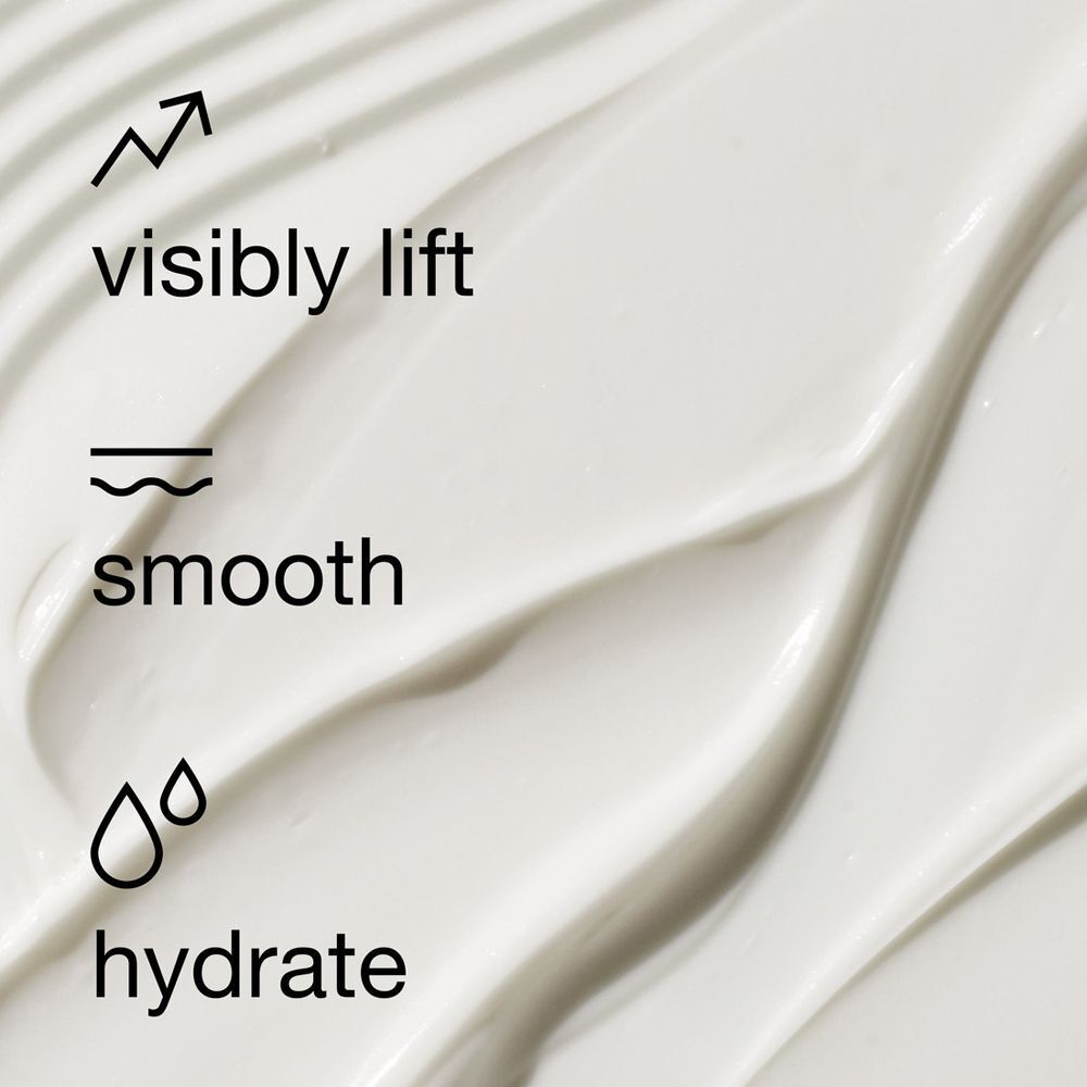 Texture de la crème liftante visage et cou Clinique Smart Clinical Repair avec icônes de lifting et lissage.