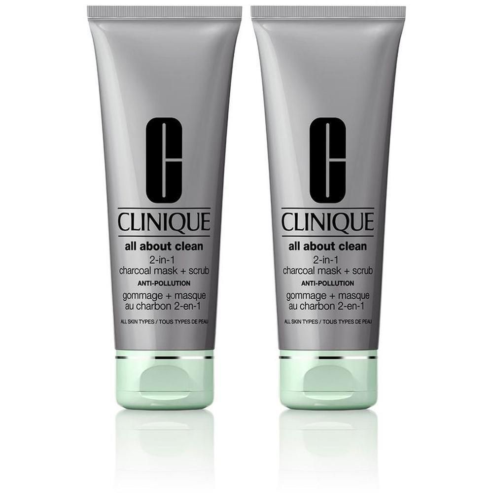 Deux tubes Clinique All About Clean™ 2-in-1 Charcoal Mask + Scrub.