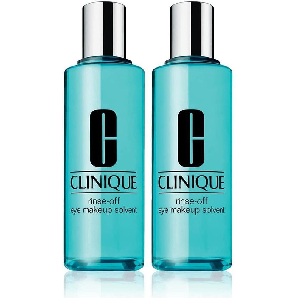 Deux flacons de CLINIQUE Rinse-Off Eye Makeup Solvent avec bouchons argentés. Liquide bleu sarcelle clair.