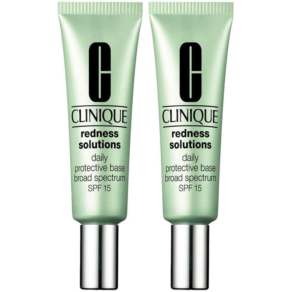 Zwei Clinique Redness Solutions Daily Protective Base LSF 15 Tuben mit silbernen Kappen.