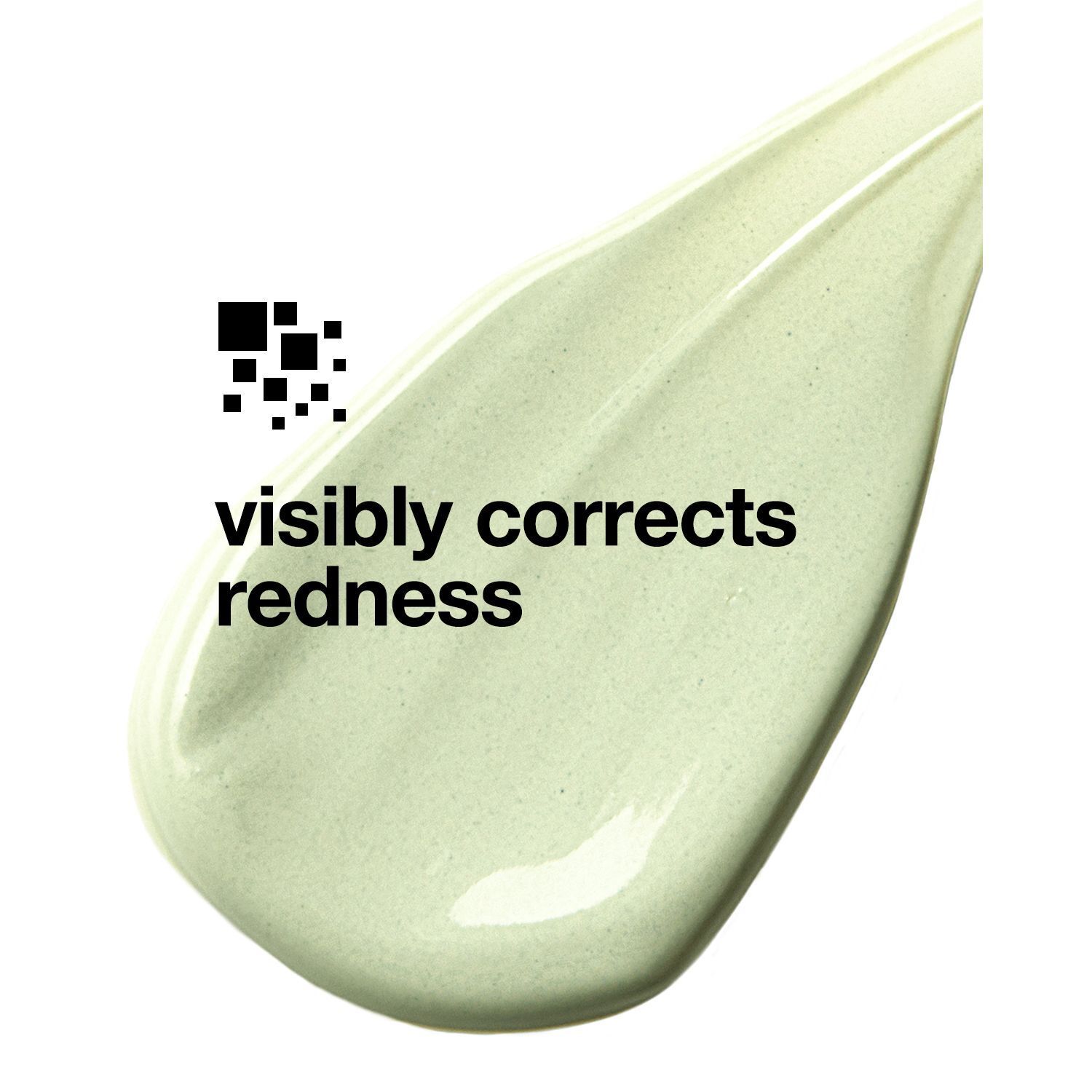 Grüner cremiger Tupfer mit Text: 'visibly corrects redness'.