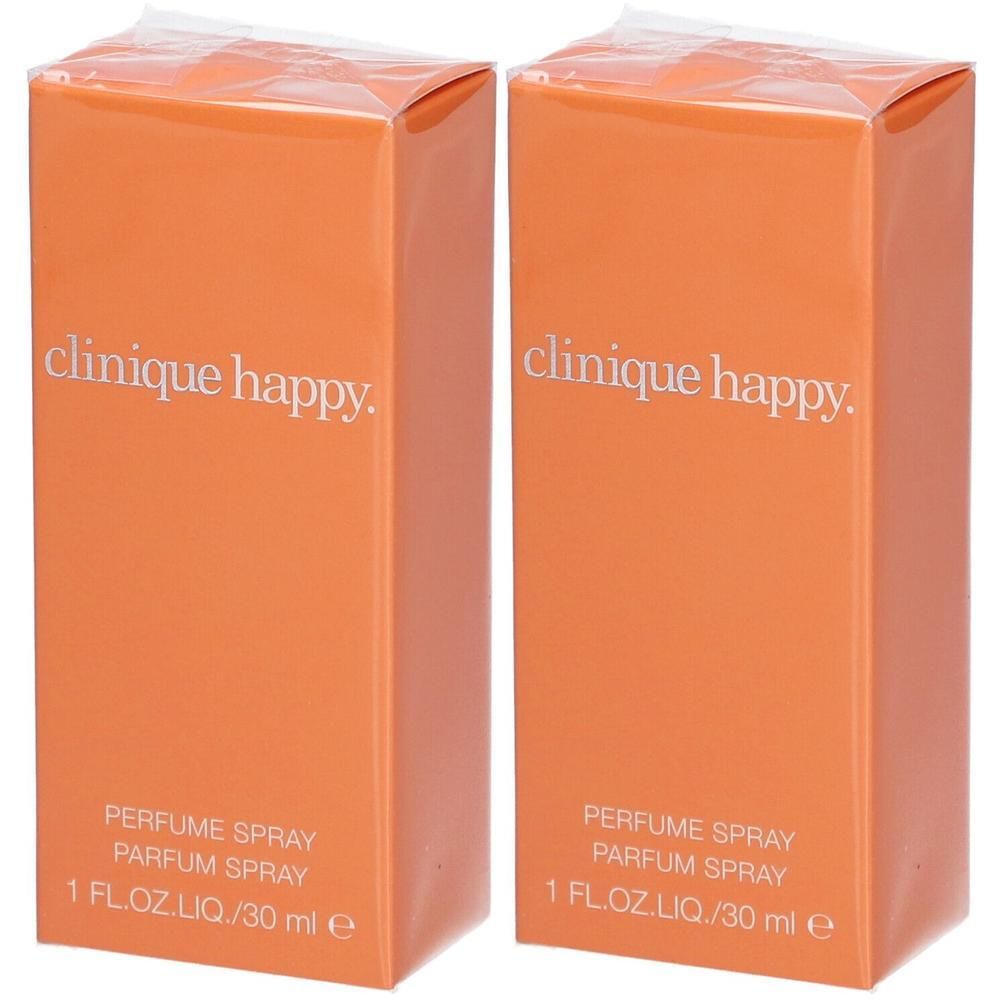 Zwei Clinique Happy Eau de Parfum Sprühflaschen in orangefarbener Verpackung.