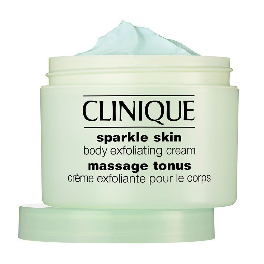 Ein offener Clinique Sparkle Skin Körperpeeling Cremetiegel mit hellgrüner Creme.
