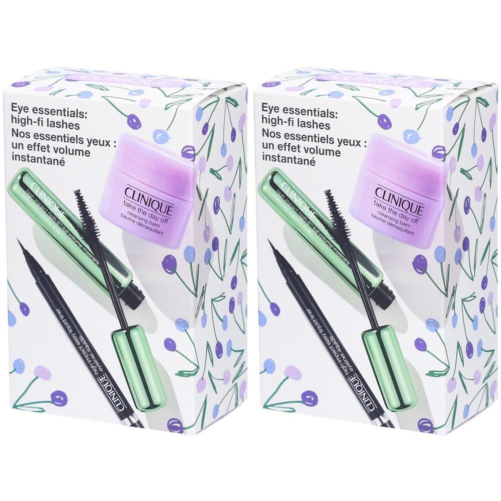 Clinique Augen-Essentials Set mit Mascara, Eyeliner und Reinigungsbalm.
