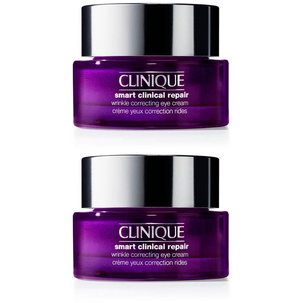 Deux pots de crème contour des yeux Clinique Smart Clinical Repair, en verre violet avec couvercle argenté.