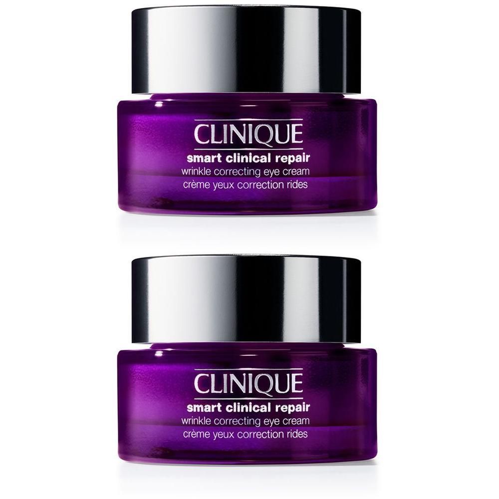 Zwei Clinique Smart Clinical Repair Augencreme-Tiegel mit lila Glas und silbernem Deckel.