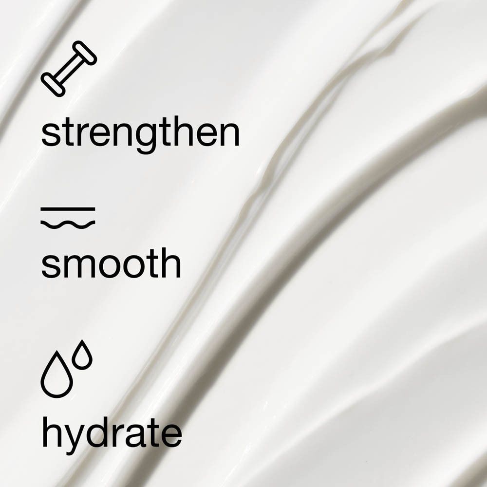 Icônes pour renforcer, lisser et hydrater à côté d'une texture de crème.