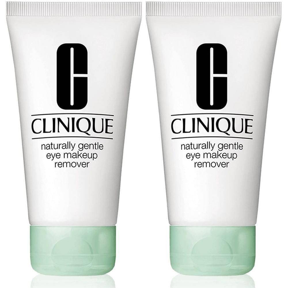 Deux tubes Clinique Naturally Gentle Eye Makeup Remover, boîtier blanc, bouchon vert pâle.
