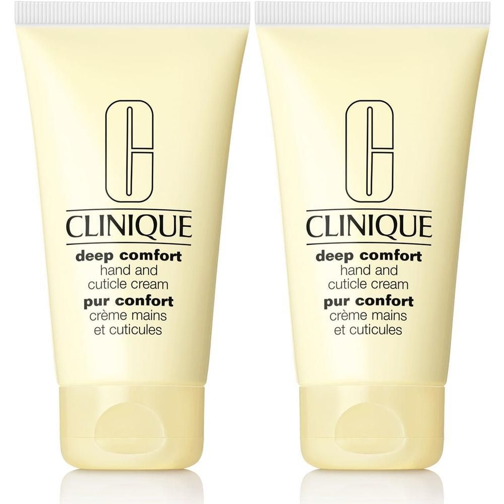 Deux tubes de crème mains et cuticules Deep Comfort CLINIQUE. Texture crémeuse, emballage jaune pâle avec bouchon blanc.