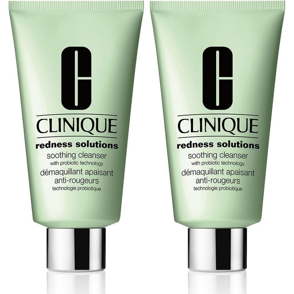 Zwei CLINIQUE Redness Solutions beruhigende Reiniger in hellgrünen Tuben mit silbernen Verschlüssen.