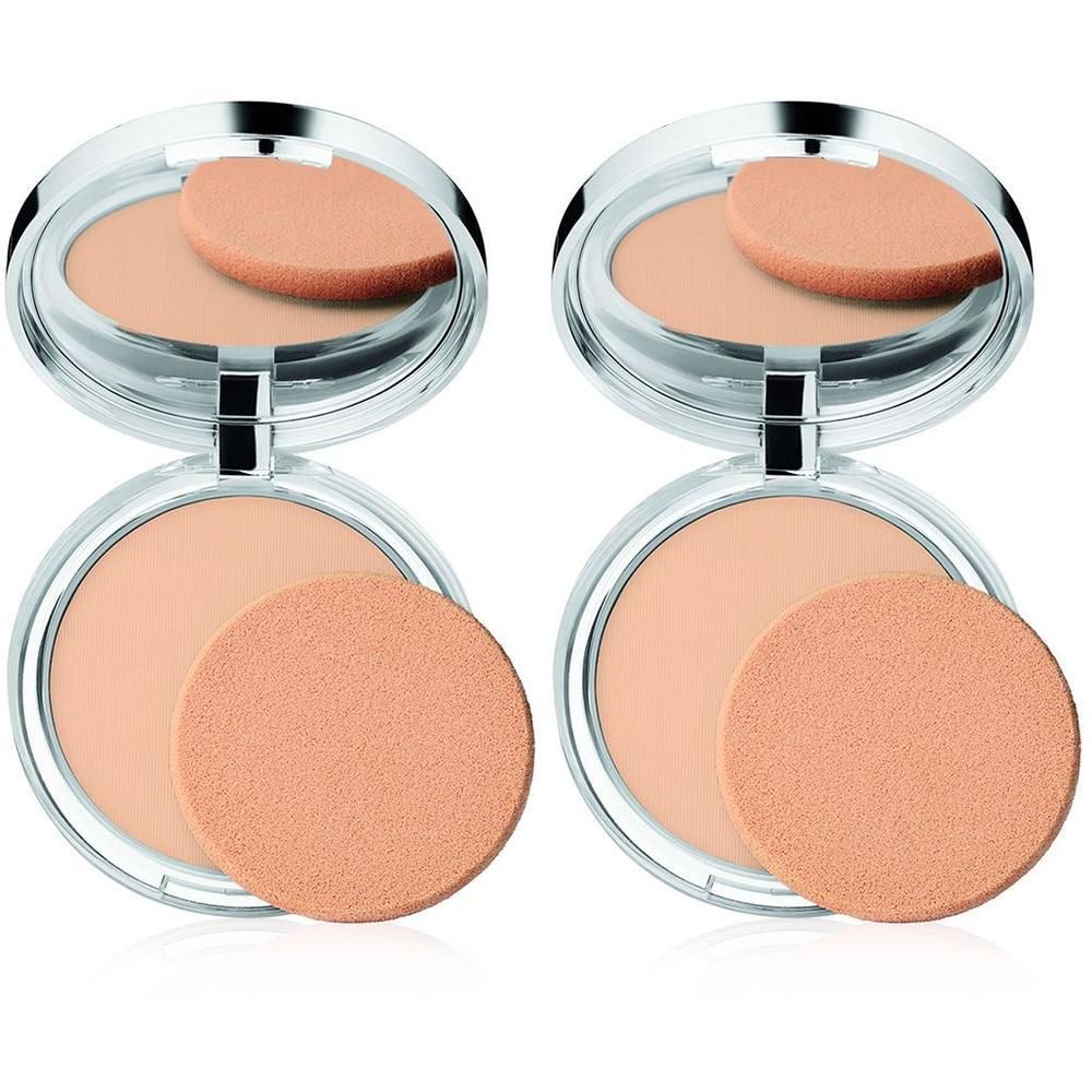 Deux poudriers ouverts avec miroir, poudre beige clair et éponge.