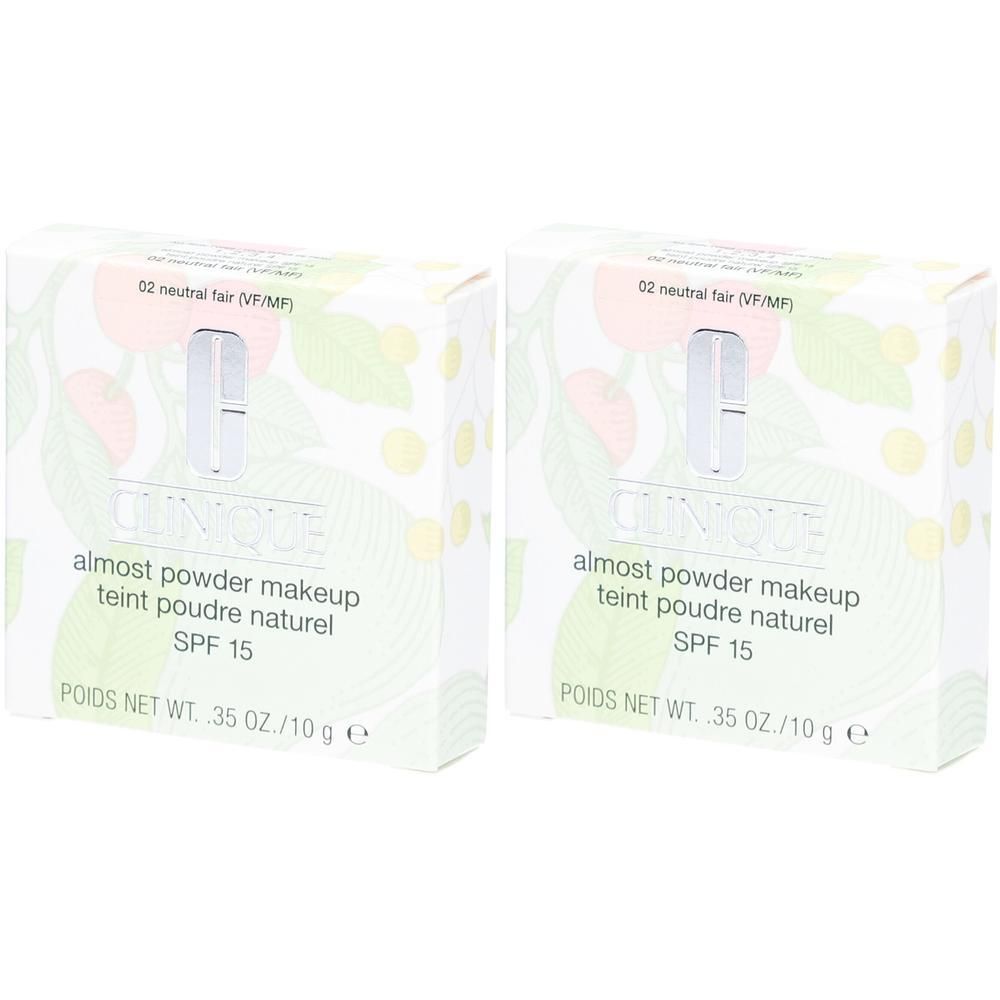 Deux boîtes de Clinique Almost Powder Make-up, SPF 15, teinte 02 neutral fair.