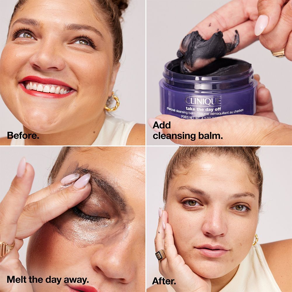 Vierteilige Anleitung zur Anwendung des Clinique Make-up-Entferners.