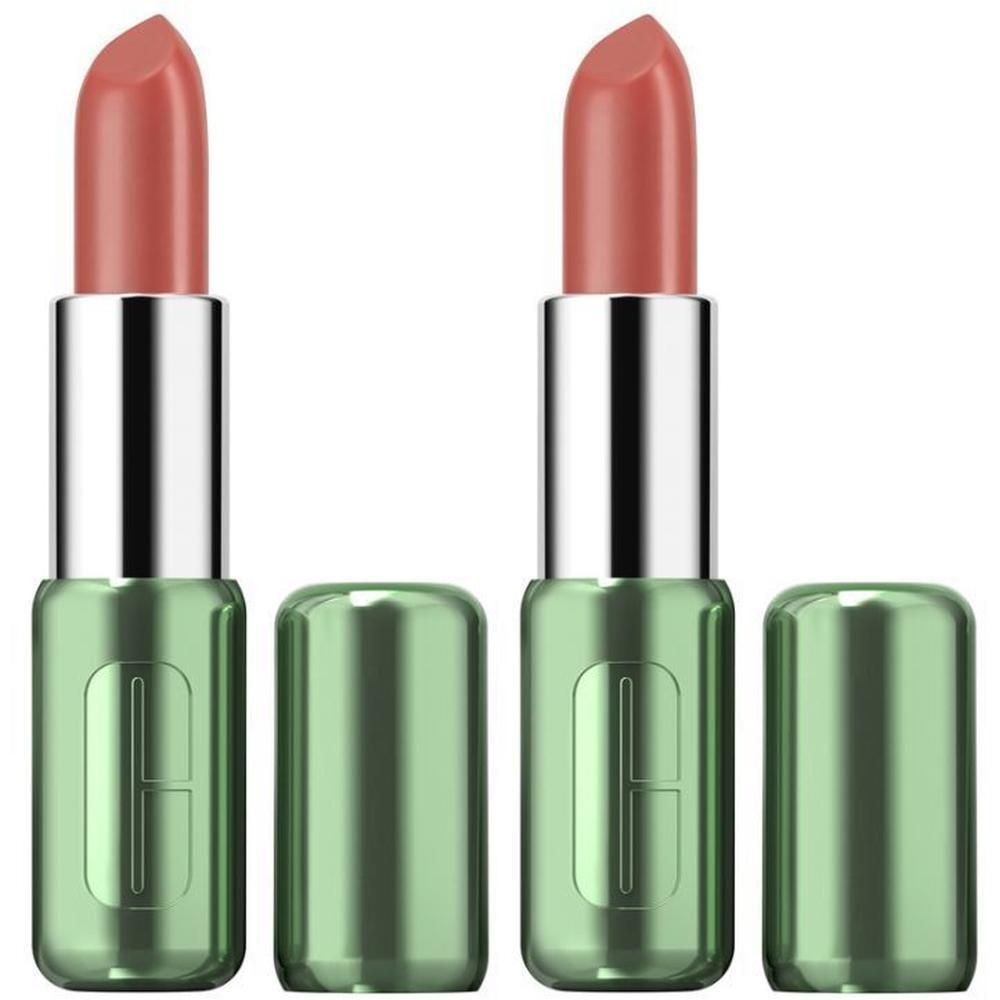 Deux rouges à lèvres Clinique Pop en Satin Mocha, ouverts et fermés.