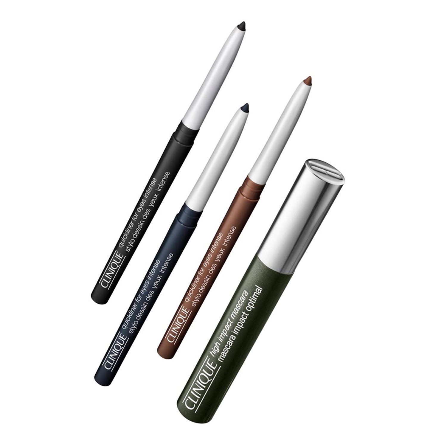 Vier Clinique Quickliner™ Eyeliner in verschiedenen Farben und eine Clinique Mascara.