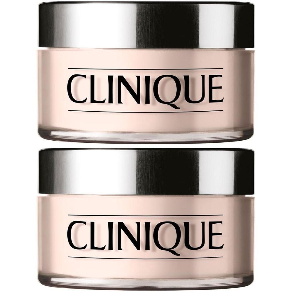 Deux pots de poudre CLINIQUE Blended Powder Transparency 02 avec couvercles argentés.