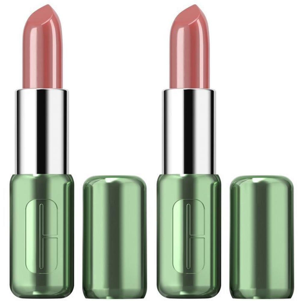 Zwei Clinique Pop Lippenstifte in Soft Blush Pop mit silbernen Applikatoren und grünen Kappen.