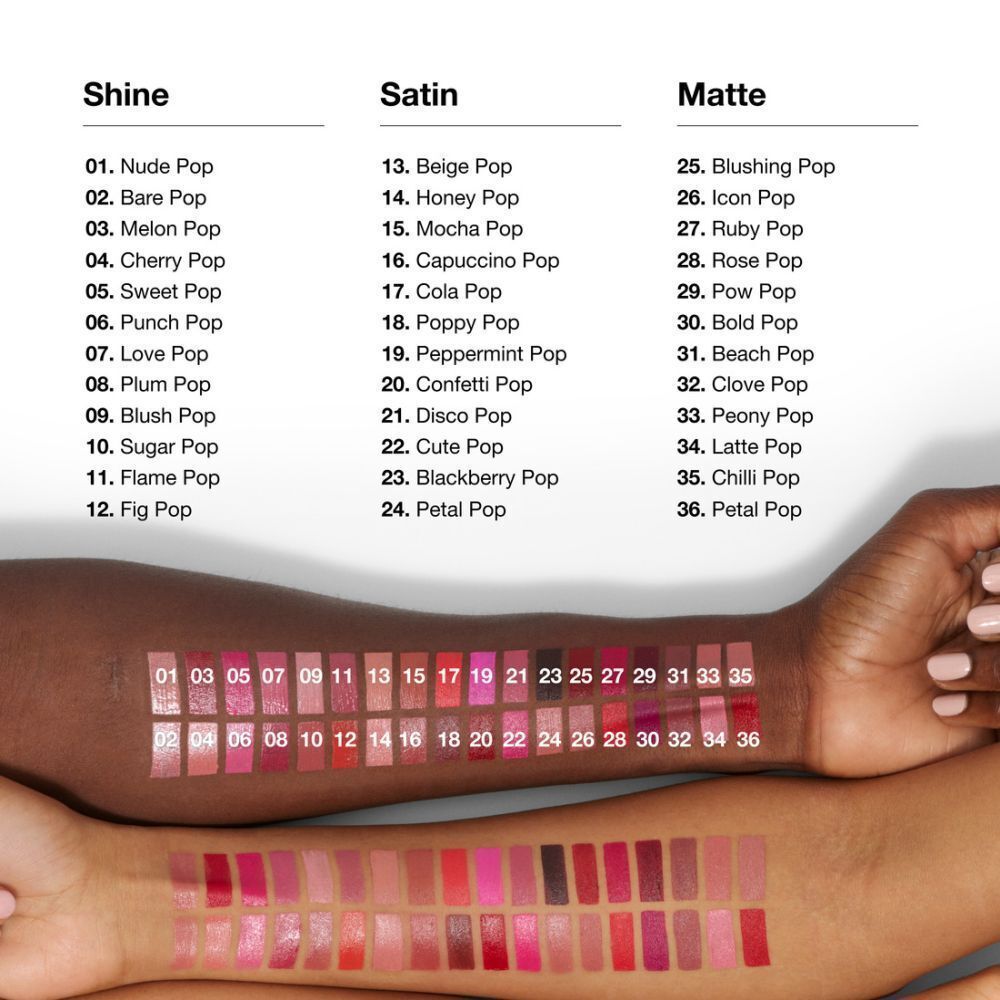 Farbpalette von Clinique Pop Lippenstiften auf einem Arm, mit Liste der Farbtöne.