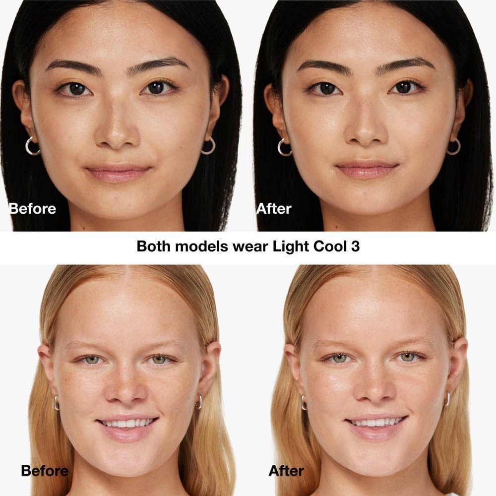 Comparaison avant/après de deux femmes portant Clinique Even Better Vitamin Makeup Light Cool 3.