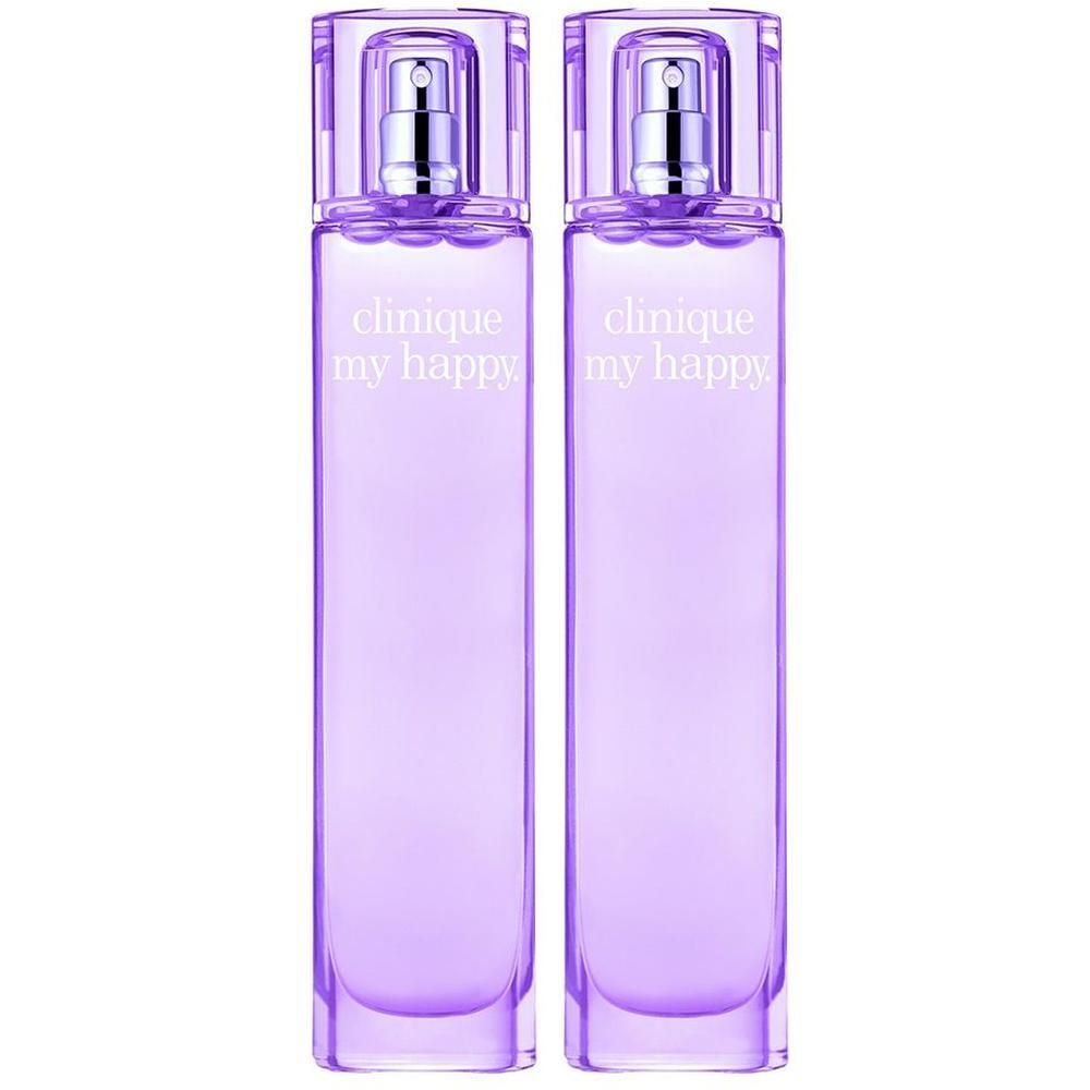 Deux flacons de parfum Clinique My Happy Cocoa & Cashmere, violets, avec vaporisateurs argentés.