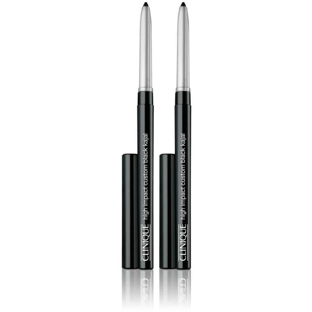 Deux crayons kajal noirs Clinique High Impact avec pointes et capuchons argentés.