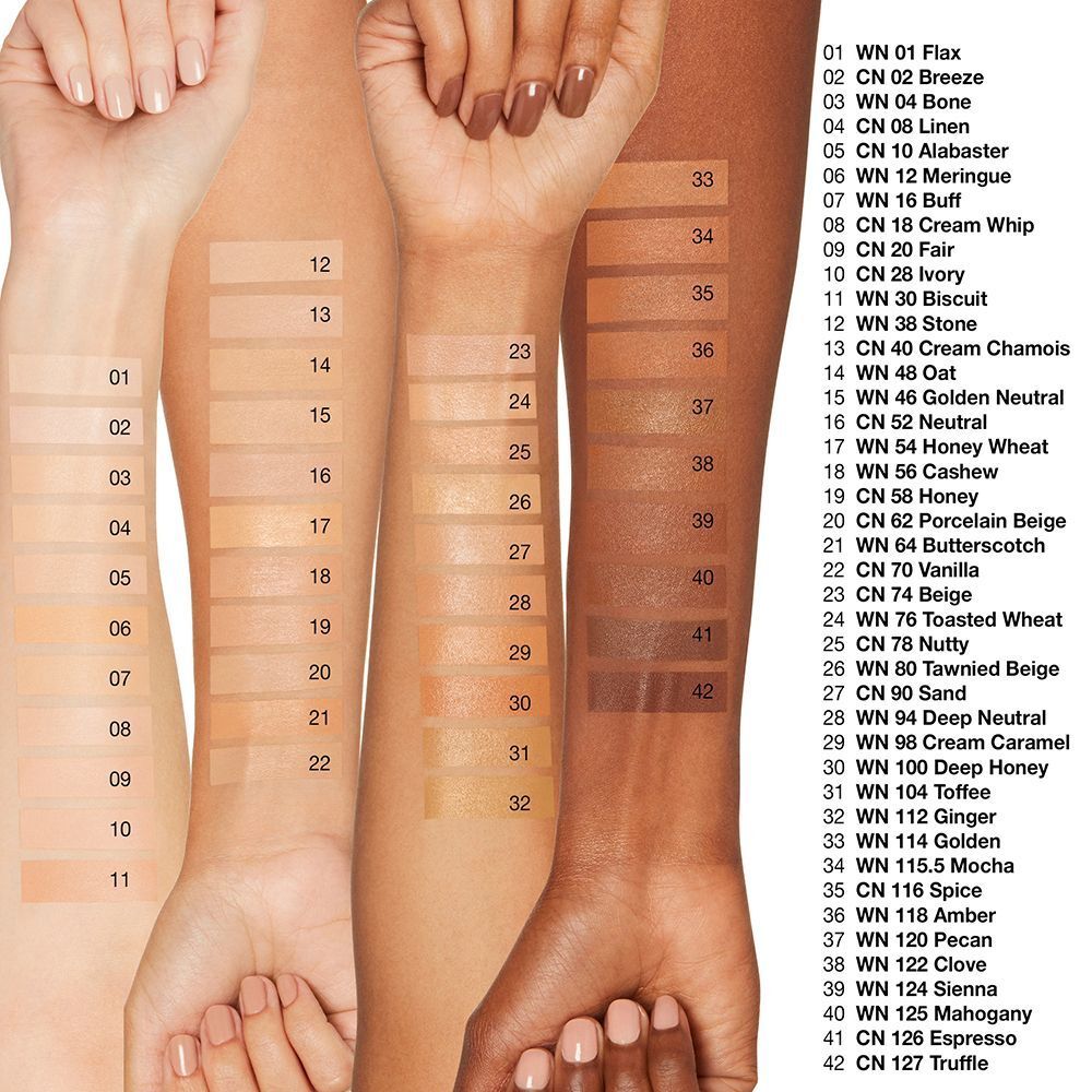 Farbpalette des CLINIQUE Even Better™ All-Over Concealer + Eraser auf verschiedenen Hauttönen.