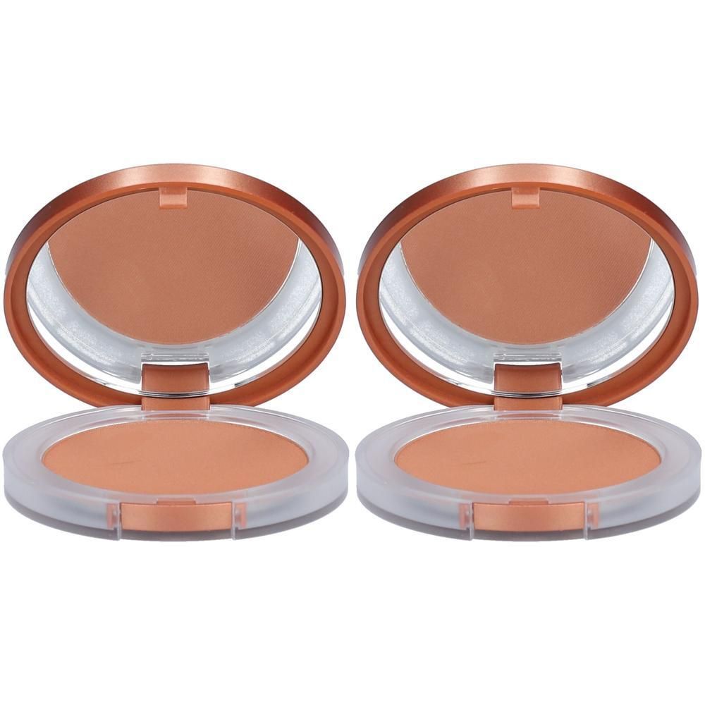 Zwei offene Kompaktpuder-Bronzer in einem durchsichtigen Gehäuse mit bronzefarbenem Deckel und Spiegel.
