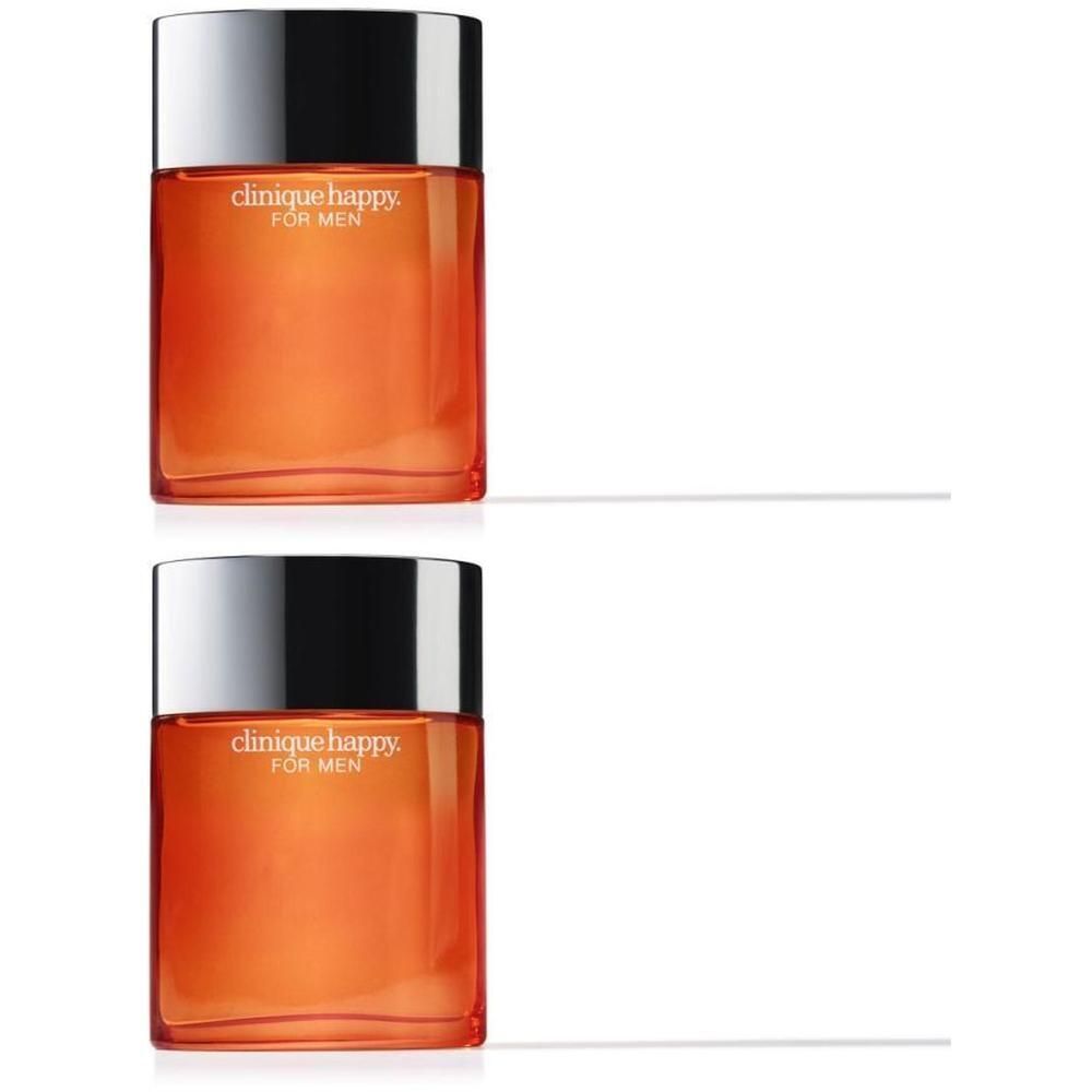 Zwei Flakons Clinique Happy For Men Eau de Toilette mit silbernem Verschluss und orangefarbener Flüssigkeit.