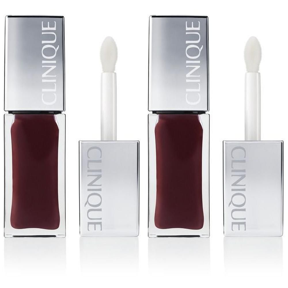 Deux flacons Clinique Pop™ Lip + Cheek Oil avec capuchons argentés et applicateurs.