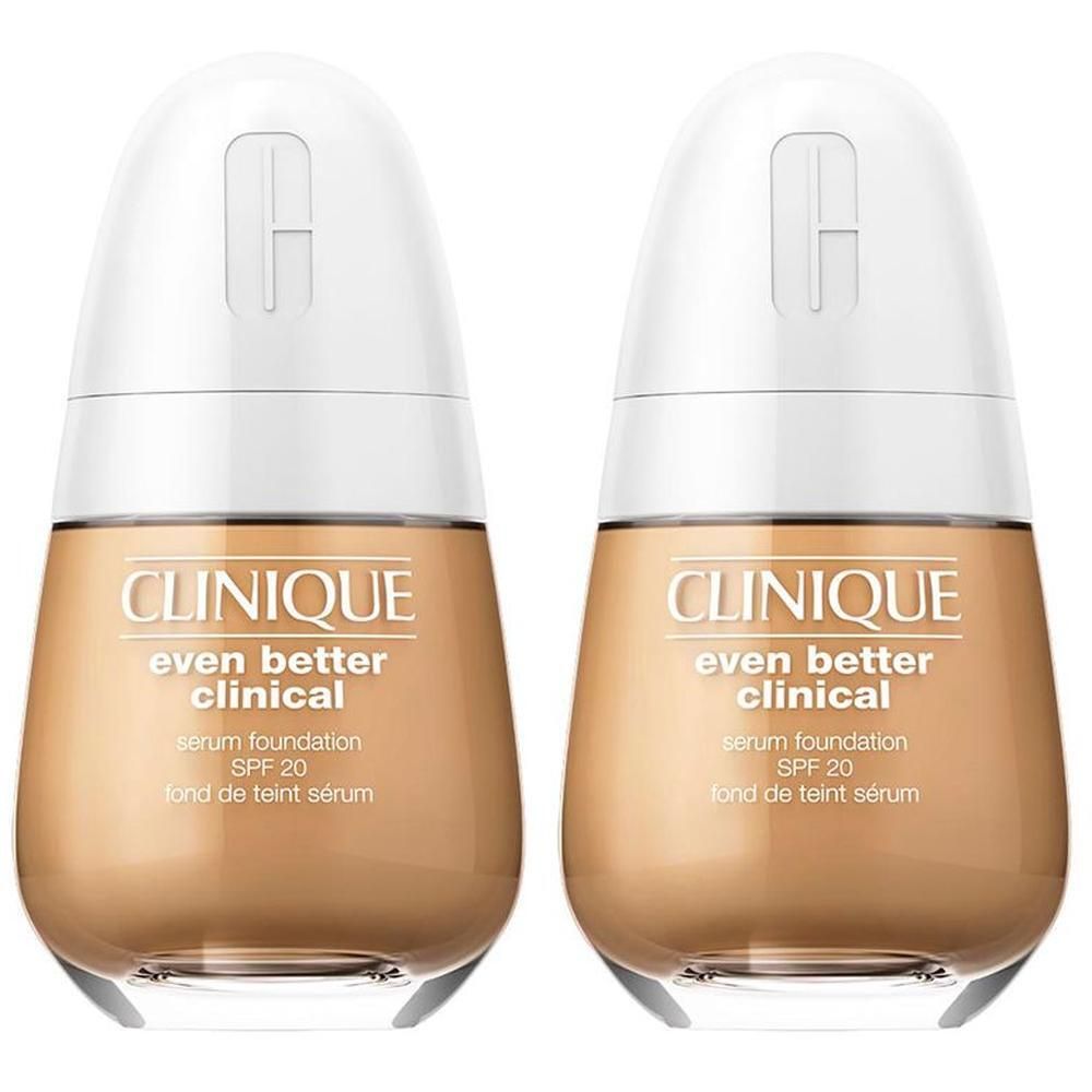 Deux flacons de fond de teint sérum CLINIQUE Even Better Clinical SPF 20, teinte Beige.