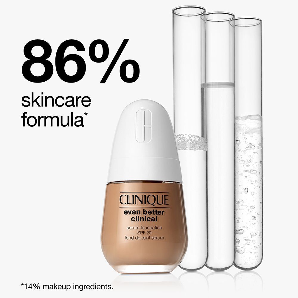 Fond de teint sérum CLINIQUE Even Better Clinical SPF 20, formule 86% soin, avec éprouvettes.
