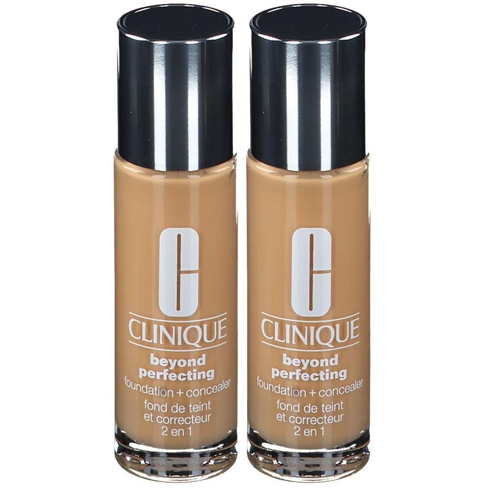 Deux flacons de fond de teint et correcteur CLINIQUE Beyond Perfecting en 08 Golden Neutral.