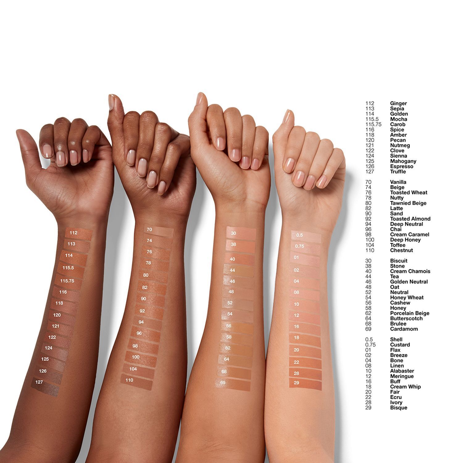 Vier Arme mit aufgetragenen Clinique Even Better Make-up SPF 15 Farbmustern und Farbnamen.